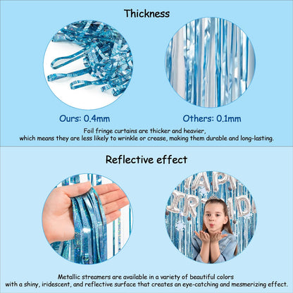 Blue Tinsel Curtain Party Backdrop and Holographic Banner for Frozen Decorations