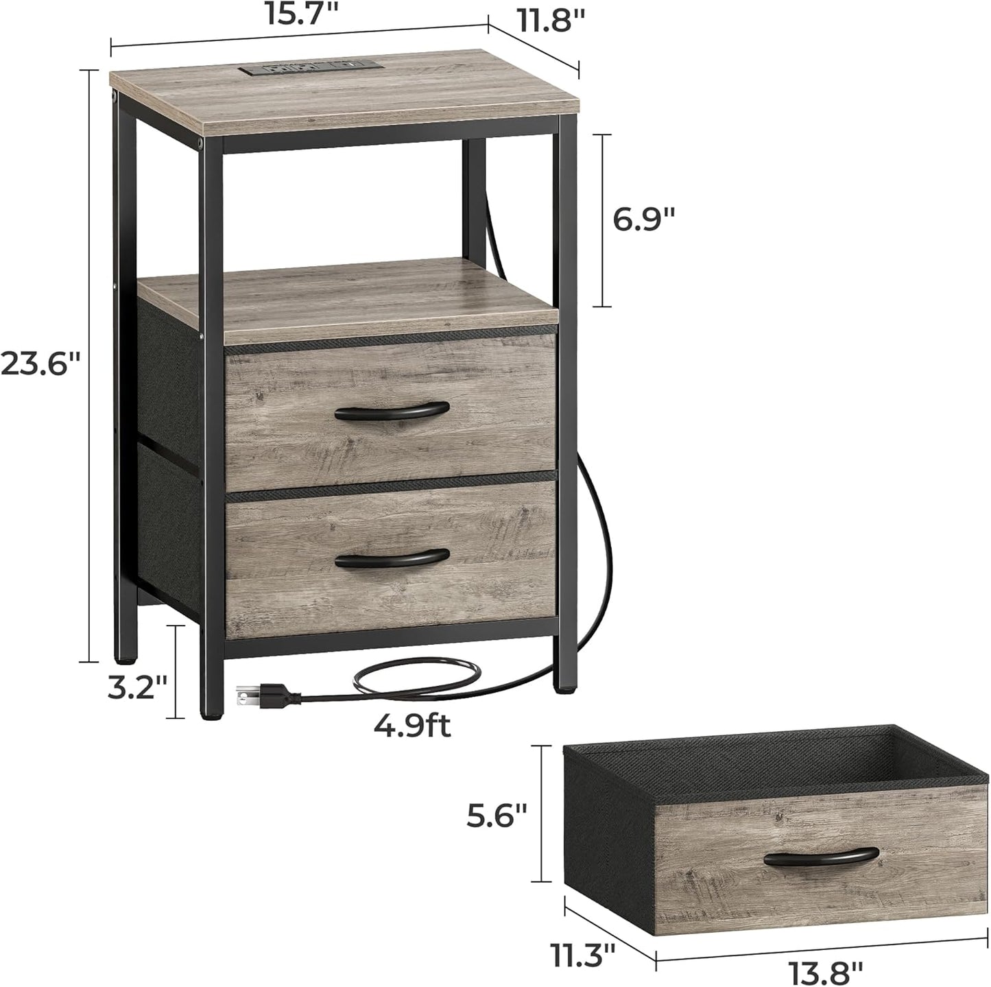 Oak Nightstand with Charging Station, Fabric Drawers, Open Shelf, USB Ports, and Outlets for Bedroom Use