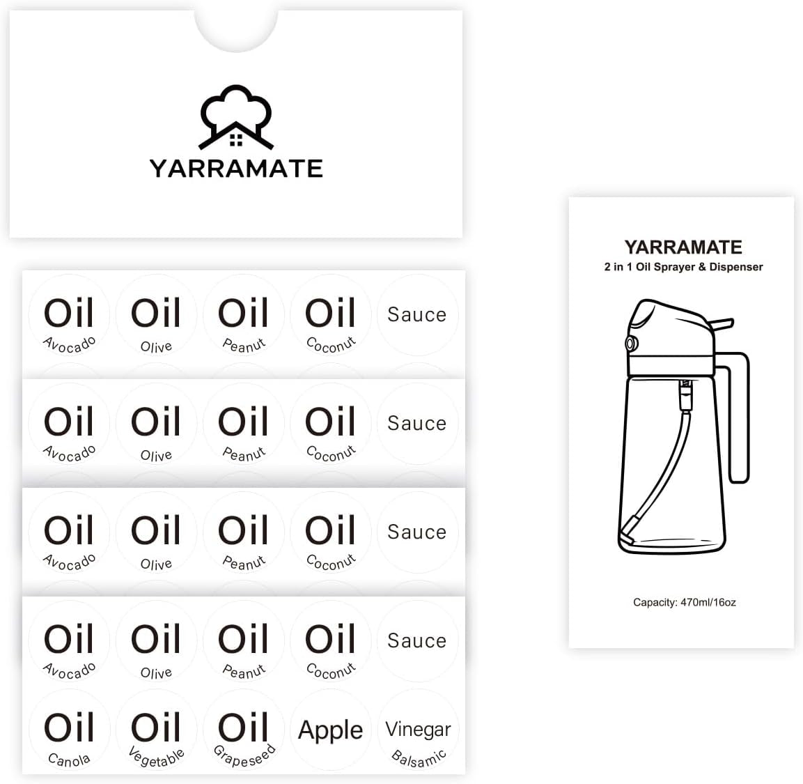 20 Labels for Oil Dispenser & Installation Guide, Stickers for Olive Oil, Sauce, and More