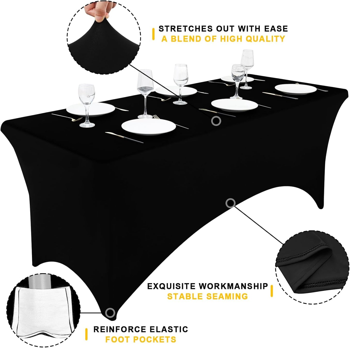 2 Pack Spandex Table Cloth 4FT, Elastic Fitted Stretch Tablecloths, Washable and Wrinkle Free Rectangular Patio Table Cover for Outdoor, Wedding, Banquet & Parties (Black, 48Lx30Wx30H Inch)
