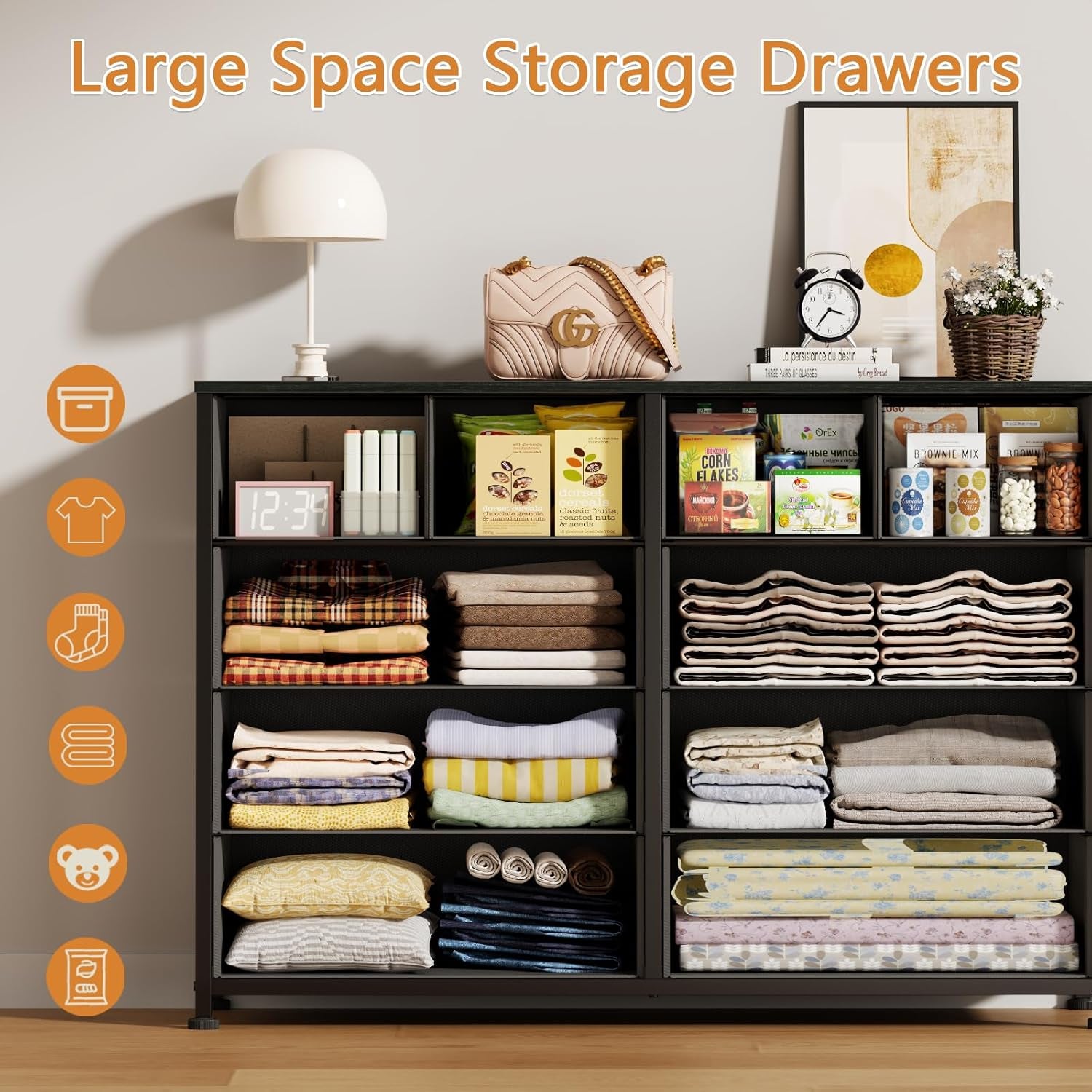 Black Oak Bedroom Dresser and TV Stand Entertainment Center with 10 Fabric Storage Drawers and Sturdy Metal Frame for Living Room and Entryway