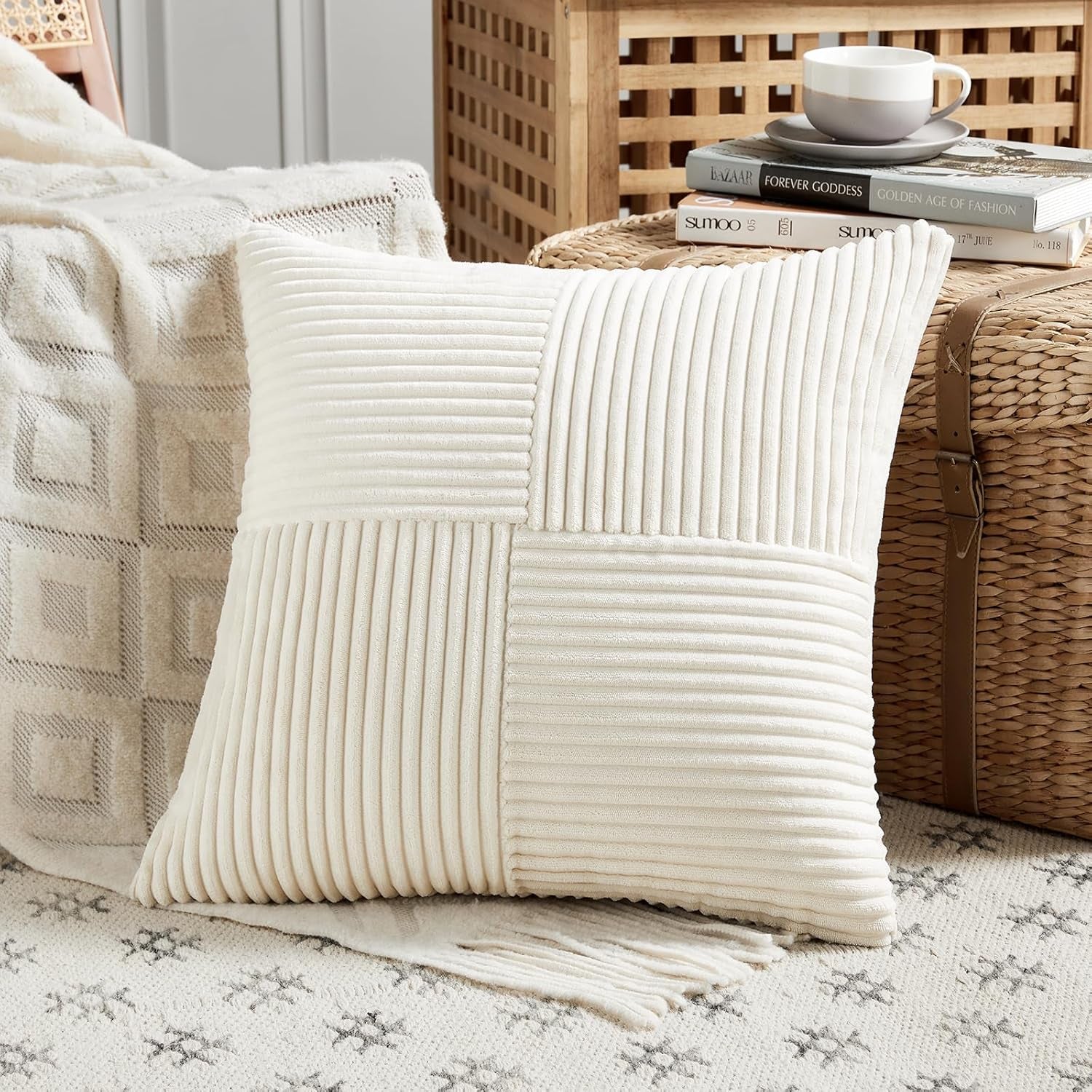 4 Packs Boho Cream Decorative Throw Pillow Covers 18X18 Inch for Living Room Couch Bed Sofa, Rustic Farmhouse Home Decor, Soft Cross Corduroy Patchwork Textured Square Cushion Case 45X45 Cm