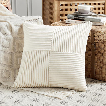 4 Packs Boho Cream Decorative Throw Pillow Covers 18X18 Inch for Living Room Couch Bed Sofa, Rustic Farmhouse Home Decor, Soft Cross Corduroy Patchwork Textured Square Cushion Case 45X45 Cm