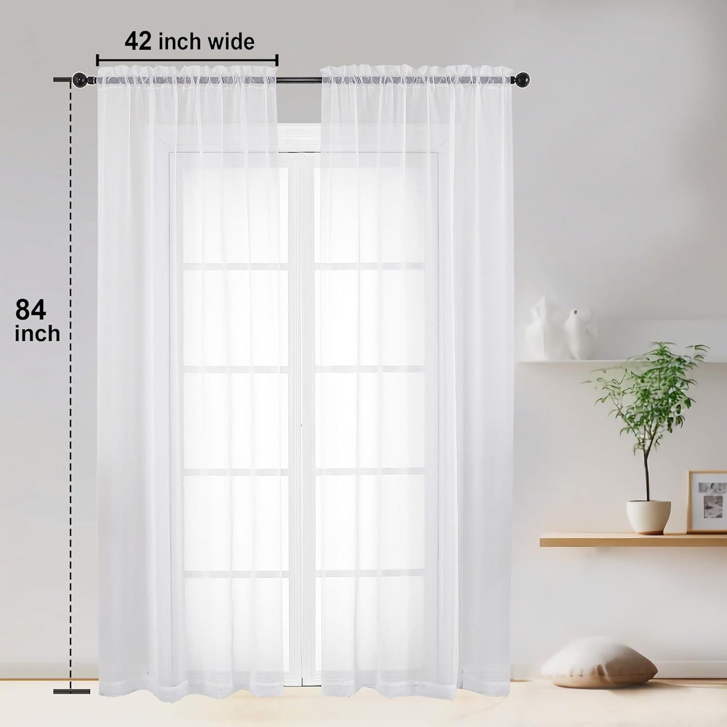 Sheer Curtains 84 Inches Long 2 Panels Set for Living Room/Bedroom, Rod Pocket Voile Sheer Panel Drapes, White, 2Pcs, Each 42" W X 84" L
