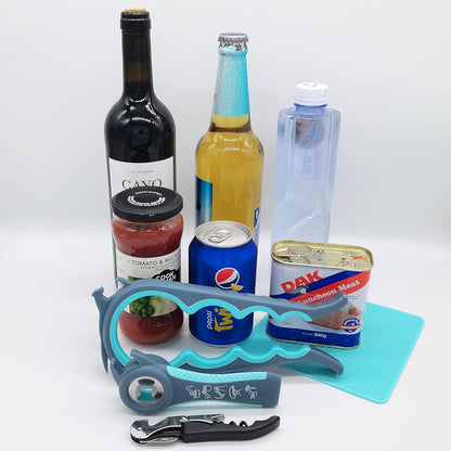 Ergonomic Jar, Bottle, and Can Opener with Rubber Gripper Pad and Corkscrew for Enhanced Accessibility for Seniors and Individuals with Limited Hand Strength