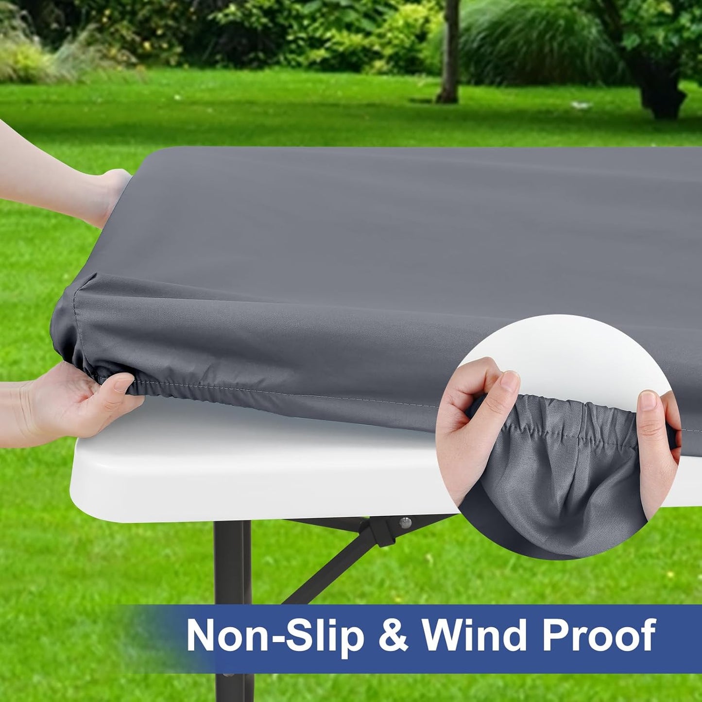 2 Pack 6 Foot Rectangle Elastic Fitted Tablecloth, Waterproof Fabric Table Cover, Washable Polyester Table Cloth for Picnic, Camping, Outdoor (Grey, 30" X 72")