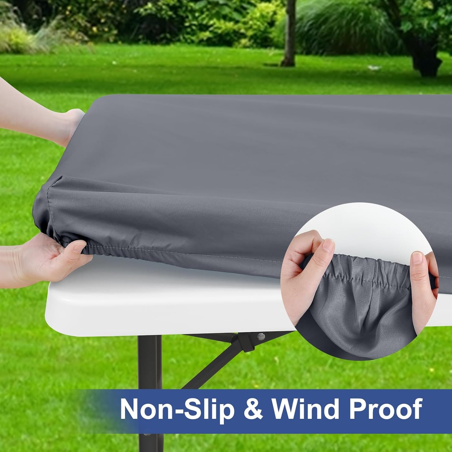 2 Pack 6 Foot Rectangle Elastic Fitted Tablecloth, Waterproof Fabric Table Cover, Washable Polyester Table Cloth for Picnic, Camping, Outdoor (Grey, 30" X 72")