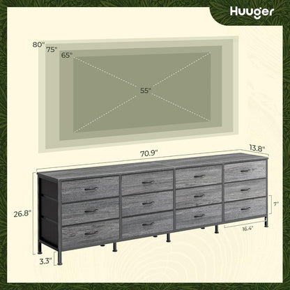 70-Inch Grey Dresser and TV Stand for 65 to 80 Inch TVs with 12 Fabric Drawers, Large Storage Organizer for Bedroom and Living Room