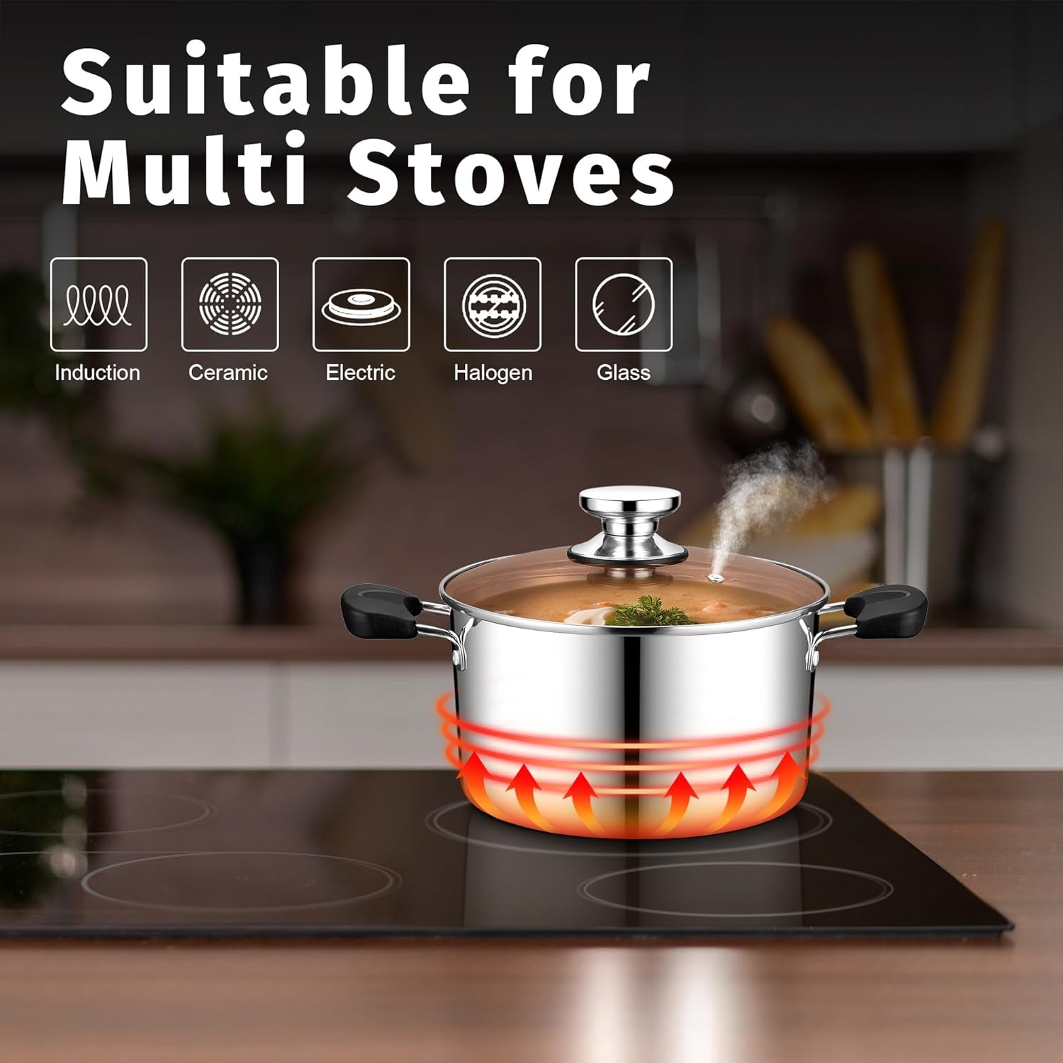 Stainless Steel 3-Ply Sock Pot with Lid, Stockpot for Cooking Pasta & Stewing Soup, Fits Multi Stoves, Heat-Proof Handle & Clear Lid, Heavy Duty & Dishwasher Safe, 5 Quarts