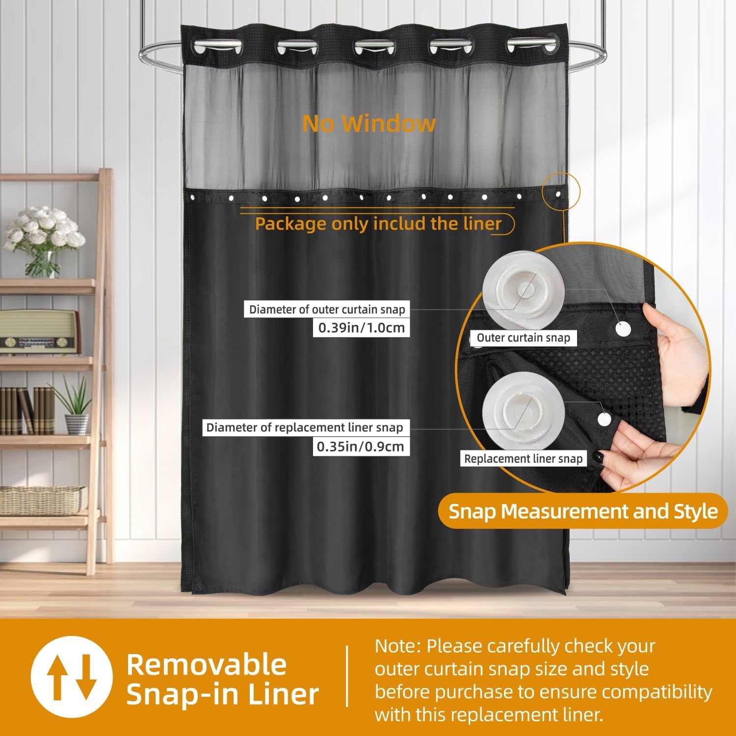 1 Pack Fabric Snap-In Shower Curtain Liner Replacement,Compatible with No Hook Shower Curtain with Snap in Liner, Removable & Water-Repellent,Machine Washable,70X54,Black