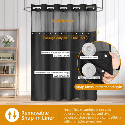 1 Pack Fabric Snap-In Shower Curtain Liner Replacement,Compatible with No Hook Shower Curtain with Snap in Liner, Removable & Water-Repellent,Machine Washable,70X54,Black