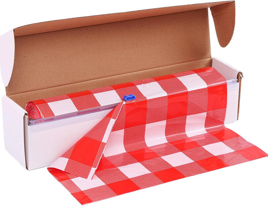 Red Gingham Plastic Tablecloth Roll 54 Inch X 120Ft Red Checkered Disposable Plastic Table Cover Rolls with Easy Slide Self Cutter Box- Cut to Any Size Disposable Tablecloth for Picnic Party