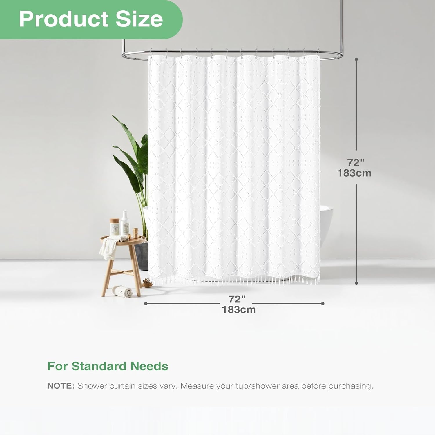 White Fabric Shower Curtain, Boho Tufted Geometric Striped Tassel Shower Curtain for Bathroom, Shabby Chic Textured Modern Farmhouse Waterproof Cloth Shower Curtain Set, Wrinkle Free, 72X72