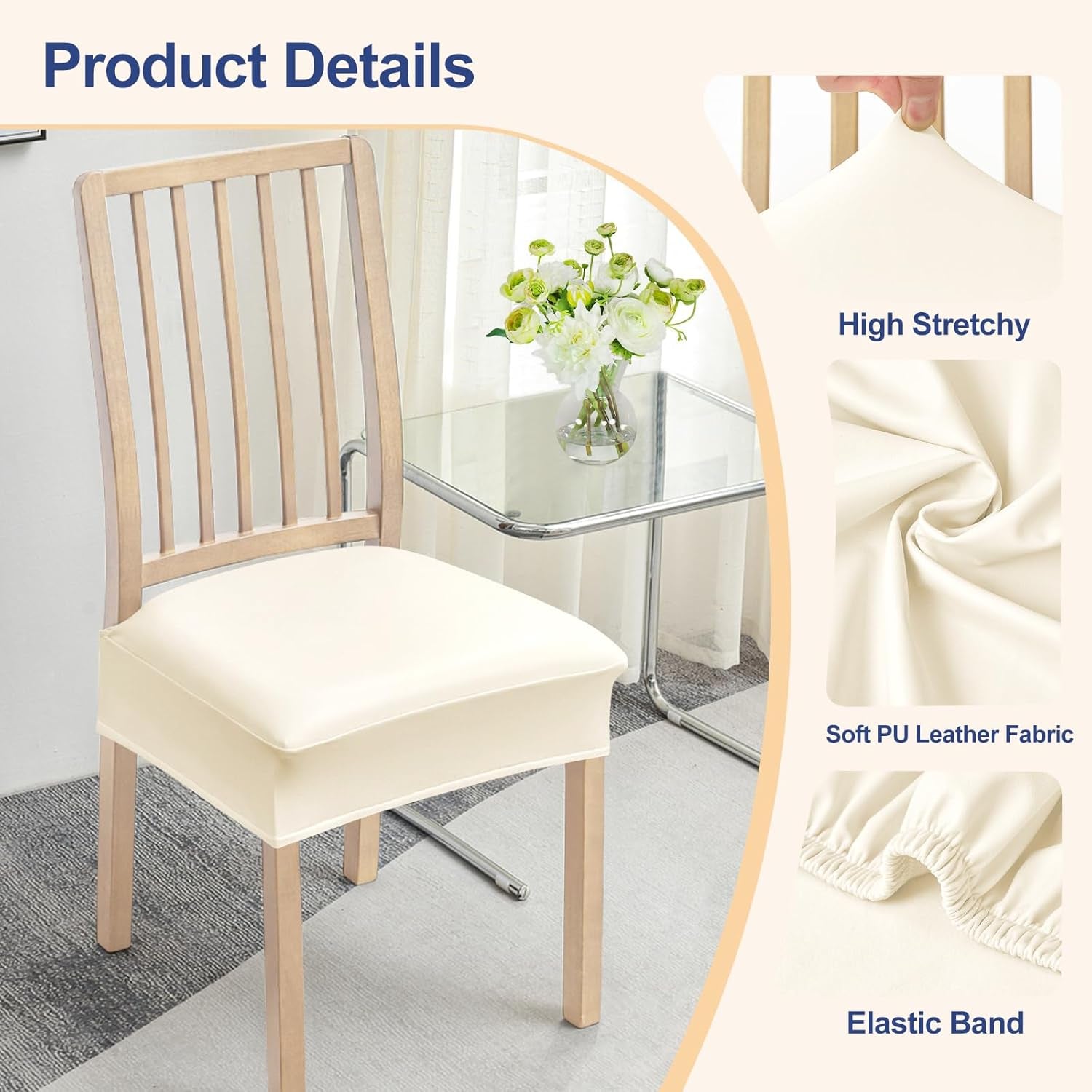Waterproof Seat Covers for Chairs Set of 2, Stretch Pu Leather Removable Washable Dining Room Chair Seat Slipcovers Protector, No Rear Covers, Beige