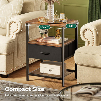 Rustic Brown and Black Nightstand with Fabric Drawer and Mesh Shelf, Metal Frame Side Table for Bedroom and Living Room