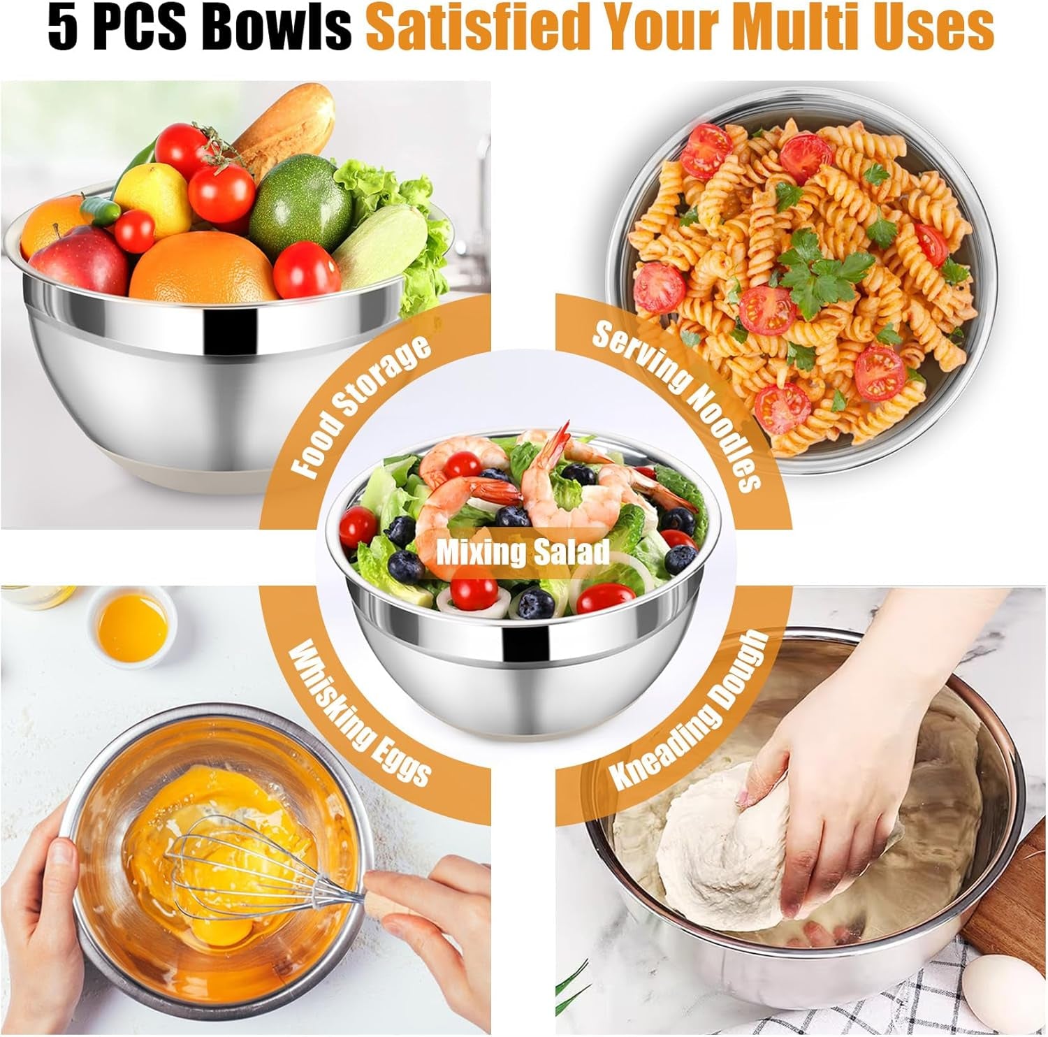Mixing Bowl with Lid Set, 5 Piece Stainless Steel Mixing Nesting Bowls for Salad Storage, 3 Grater Attachments & Non-Slip Bottoms, Size 1/1.5/2 / 2.6/4.6 QT, Khaki
