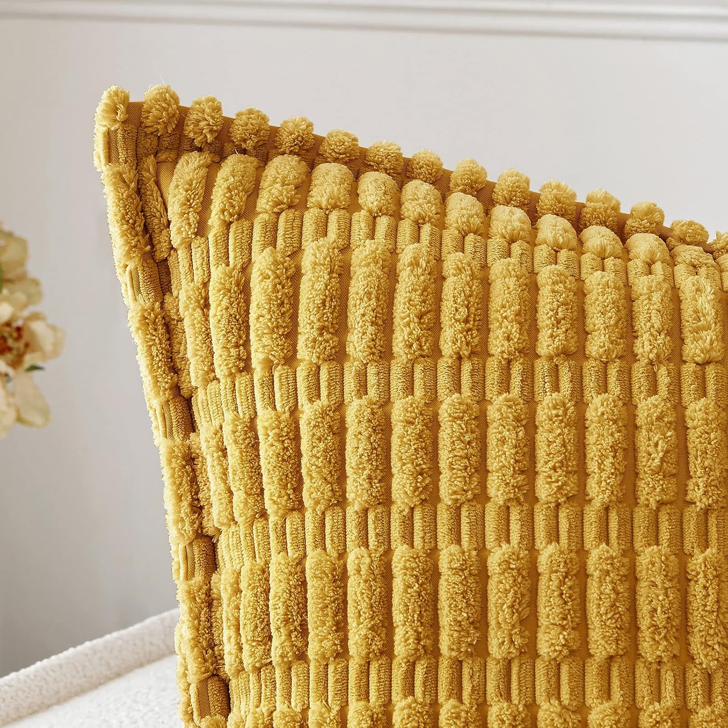 Mustard Yellow Corduroy Decorative Throw Pillow Covers Pack of 2 Soft Striped Pillows Pillowcases with Broad Edge Spring Winter Modern Boho Home Decor for Couch Sofa Bed 18X18 Inch