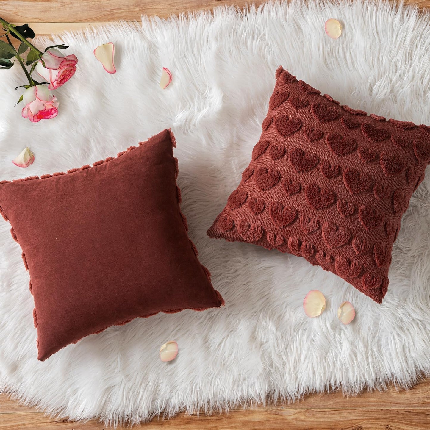 Set of 2 Burgundy Valentines Pillow Covers Heart Love Christmas Decorative Christmas Cute Throw Pillows 18X18 Inch Soft Plush Faux Wool Farmhouse for Spring Sofa Livingroom Bed