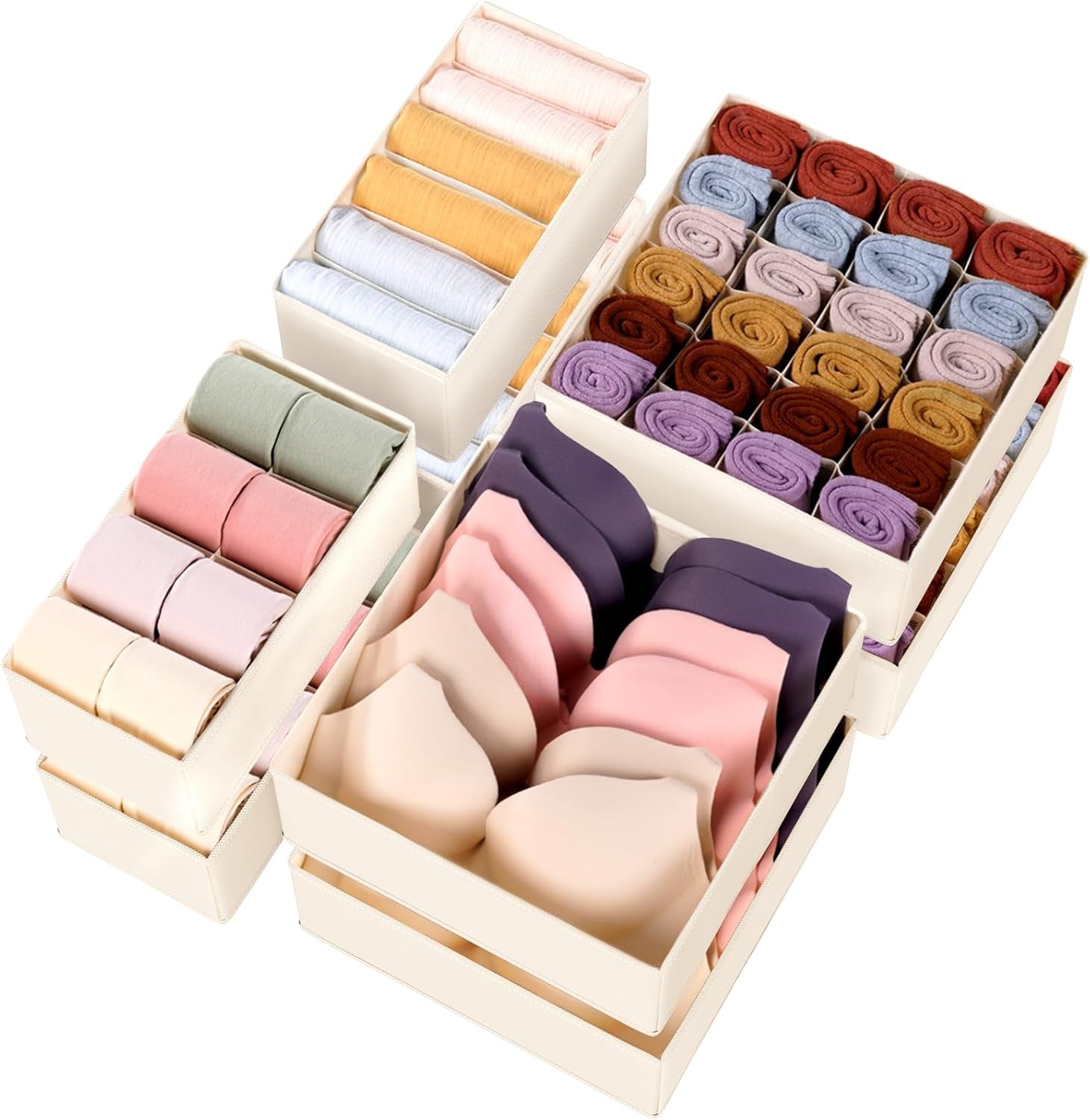 Underwear Sock Drawer Organizer Dividers 8 Set, Foldable Dresser Closet Organizers and Storage Bins for Baby Clothing, Sock, Underwear, Bra, Ties, Scarf (Beige)