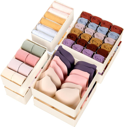 Underwear Sock Drawer Organizer Dividers 8 Set, Foldable Dresser Closet Organizers and Storage Bins for Baby Clothing, Sock, Underwear, Bra, Ties, Scarf (Beige)
