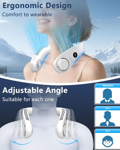 Neck Fans That Blow Cold Air Rechargeable,Neck Fan Air Conditioner Personal Cooling Device,Portable Battery Powered Silent Headphones round Leafless Necklace AC Fan for Women Men Adults Kids White