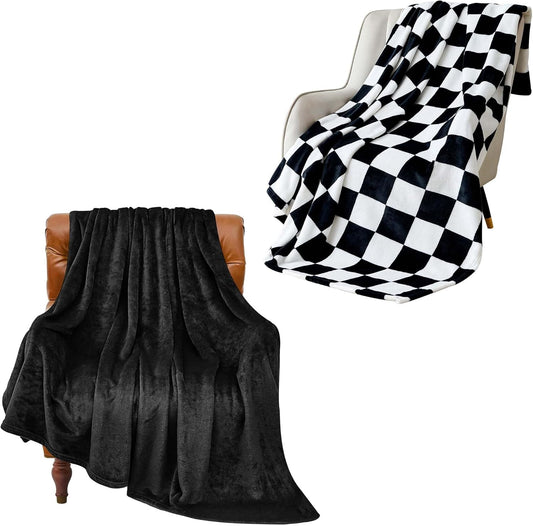 2 Pieces Fleece Blankets (Black, Solid & Checekered, 50"X60"), Luxury Plush Cozy Fuzzy Blankets