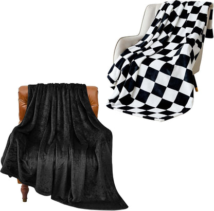 2 Pieces Fleece Blankets (Black, Solid & Checekered, 50"X60"), Luxury Plush Cozy Fuzzy Blankets