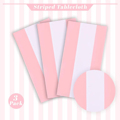 3 Packs Pink and White Horizontal Striped Table Cloth 54 X 108 Inches Pink Stripe Tablecloths Disposable Plastic Stripe Table Covers Waterproof Rectangle Picnic Tablecover for Birthday Party