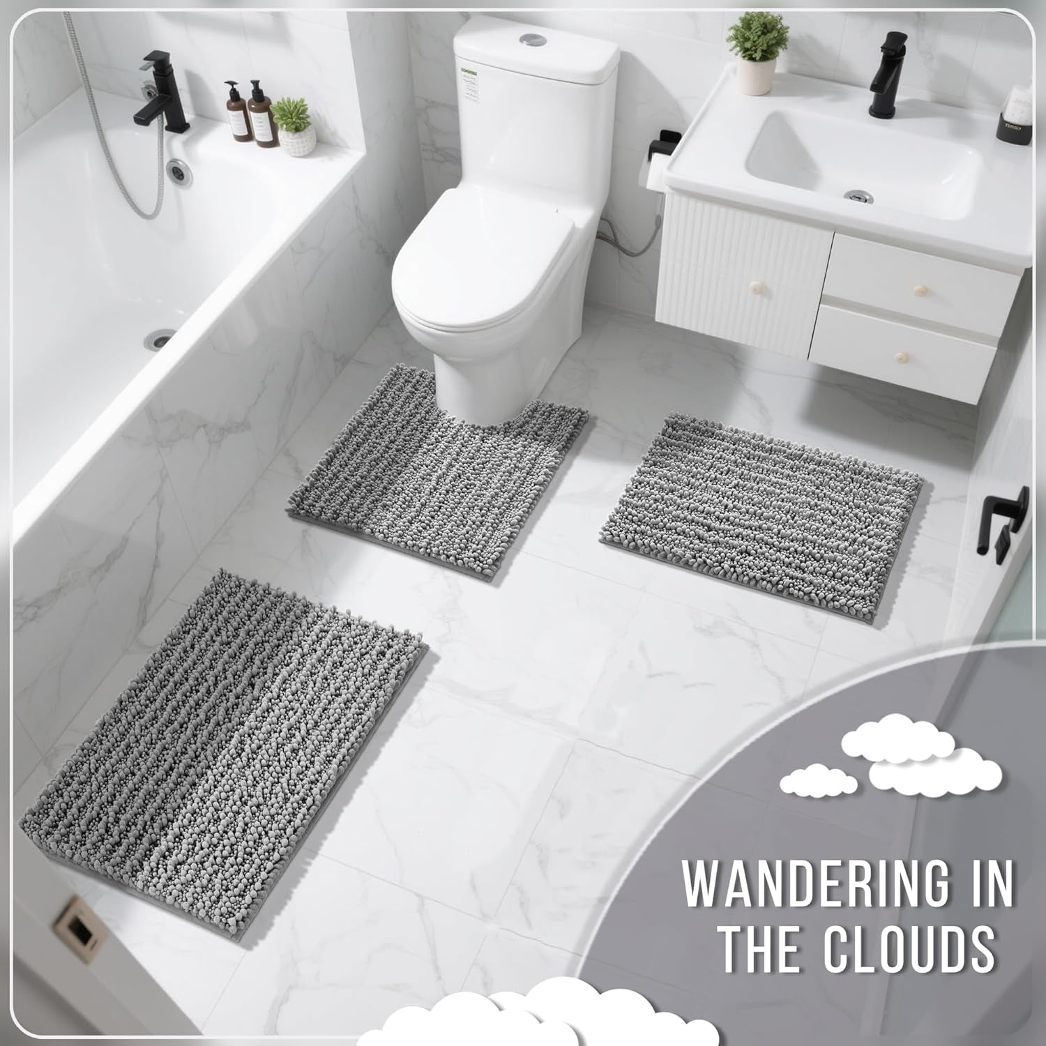 Bathroom Rugs Non Slip Washable 24X17 Inch - Ultra Soft Absorbent Chenille Bath Mat, Quick Dry Shaggy Floor Carpet for Tub Shower, Gray Home Decor Accessories