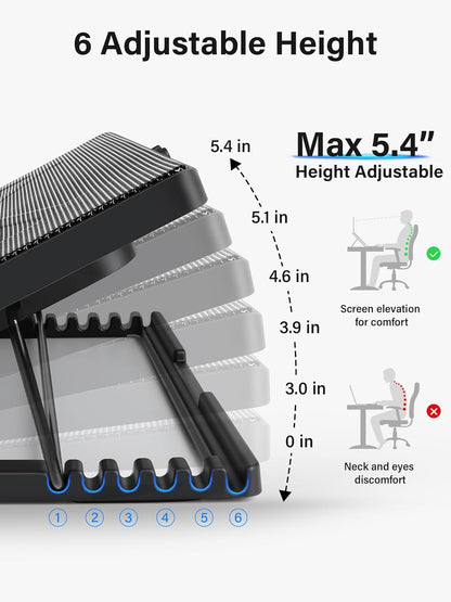 Laptop Cooling Pad, Laptop Cooler with 5 Quiet Fans for 12"-17" Computer PC Notebook Gaming Laptop Fan, Height Adjustable Laptop Cooling Stand Laptop Accessories, Blue