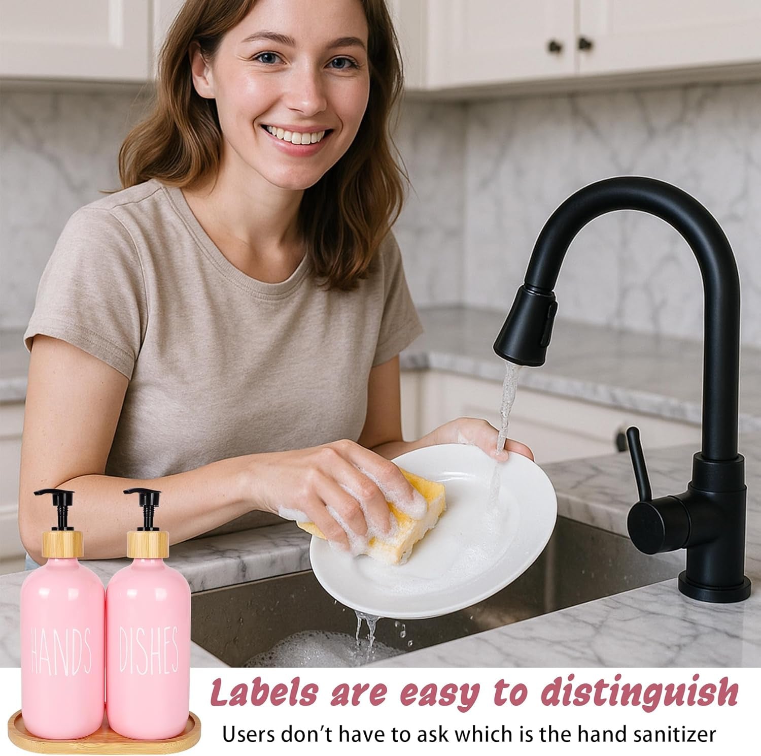 16 OZ Pink Soap Dispenser Women,2 Pack Glass Refillable Dish and Hand Bottles Set Pump Bottle,House Decor Kitchen Accessories with Wooden Pallet Girly
