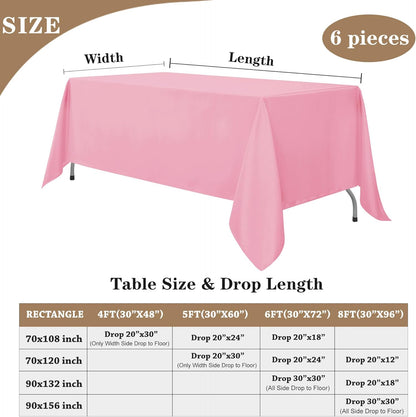 Rectangle Pink Tablecloths - 6 Pack, 70 x 120 Inches - Reusable and Washable Polyester Covers for 6-8 Ft Tables, Ideal for Weddings, Parties, and Banquets