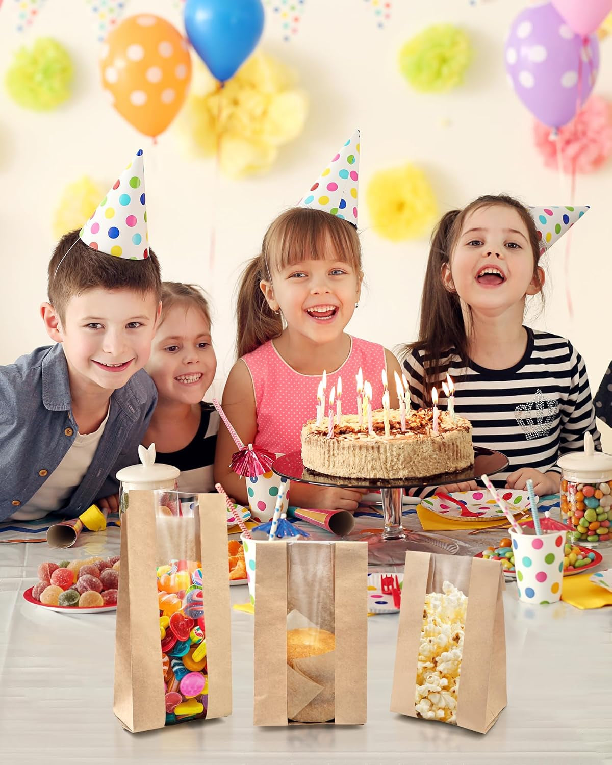 50 PCS Cookie Bags with Seal, 3.5"X 2.3"X7.5" Kraft Brown Paper Bags with Stickers, Bakery Bag for Snack, Cupcake, Coffee Bean, Party Favor, Cookie Packaging,