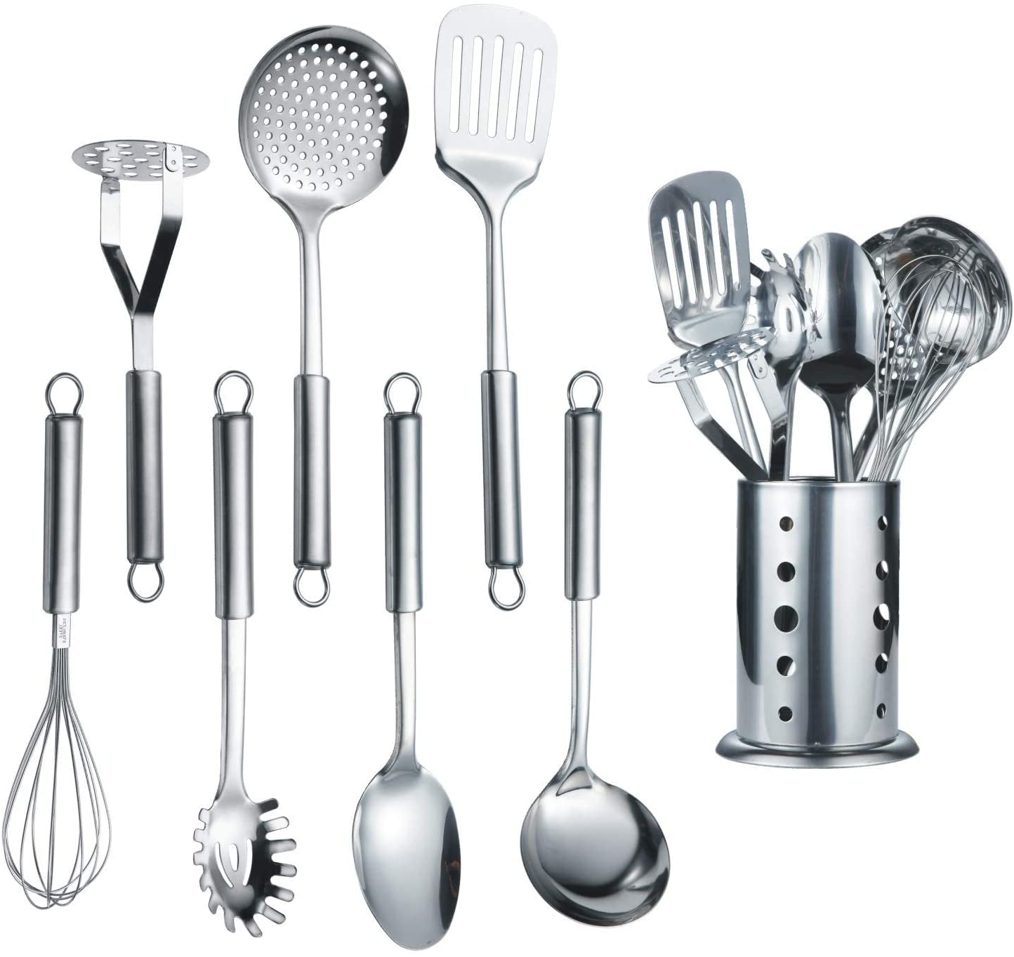 8-Piece Stainless Steel Cooking Utensil Set with Stand, Including Slotted Turner, Ladle, Skimmer, Serving Spoon, Pasta Server, Potato Masher, and Egg Whisk