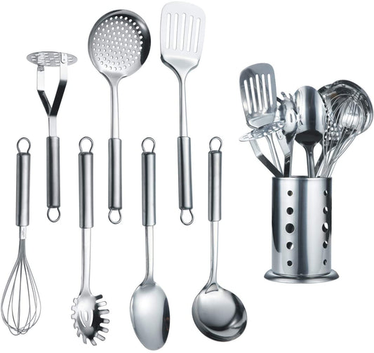 8-Piece Stainless Steel Cooking Utensil Set with Stand, Including Slotted Turner, Ladle, Skimmer, Serving Spoon, Pasta Server, Potato Masher, and Egg Whisk