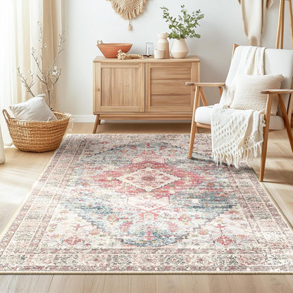 5X7 Area Rug for Living Room Washable Rugs No Pile Carpet for Entryway Bedroom Dinning Room Playroom Vintage Boho Carpet Print Distressed Non-Slip, 5 X 7 Ft, Pink