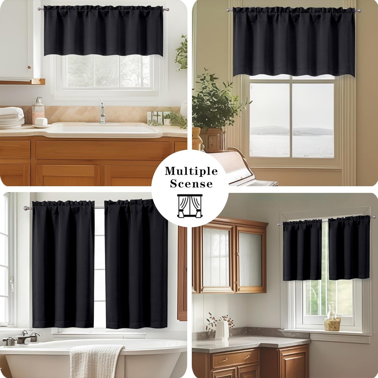 Black Valances for Windows, Small Blackout Curtains for Kitchen Bedroom Living Room, Rod Pocket Privacy Modern Solid Short Window Treatment Valance Bathroom Panels, 60" Wx14 L,1 Piece