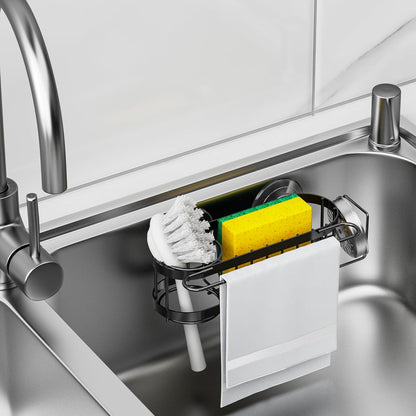 Kitchen Sink Caddy Sponge Holder in the Sink, Stainless Steel Kitchen Sink Organizer, Brush Holder, Dish Cloth Hanger, Sink Stopper Holder with 2 Installation Ways (Suction & Adhesives