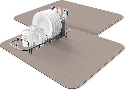 2-PACK Dish Drying Mat (15" X 18" Classic Khaki) Large Draining Mat Super Absorbent Dish Drying Mats for Kitchen Counter Rubber Backing Kitchen Drying Mat