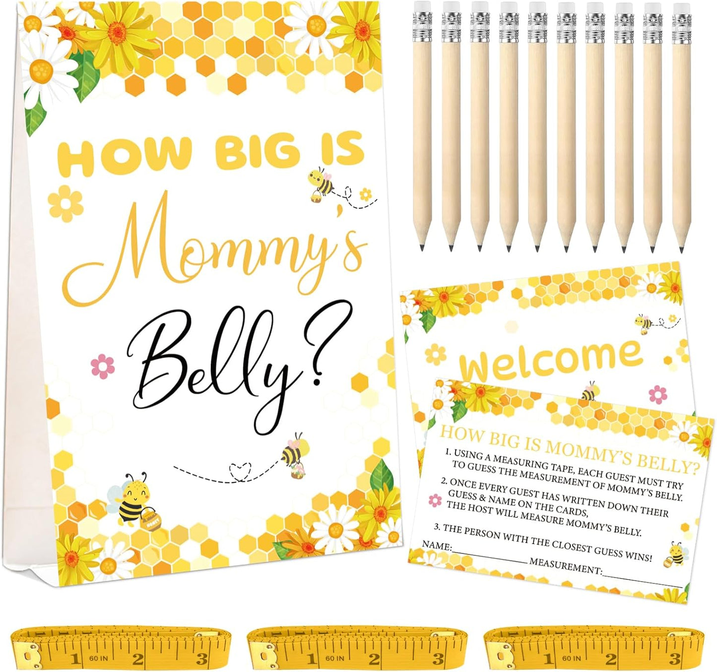 Guess Baby Shower Games Set – How Big Is Mommy'S Belly Sign, 64 Pcs Measure Bump Game with 50 Guessing Cards, 10 Pencils, and 3 Measuring Tapes for Baby Shower Gender Reveal Party (Bee Theme)