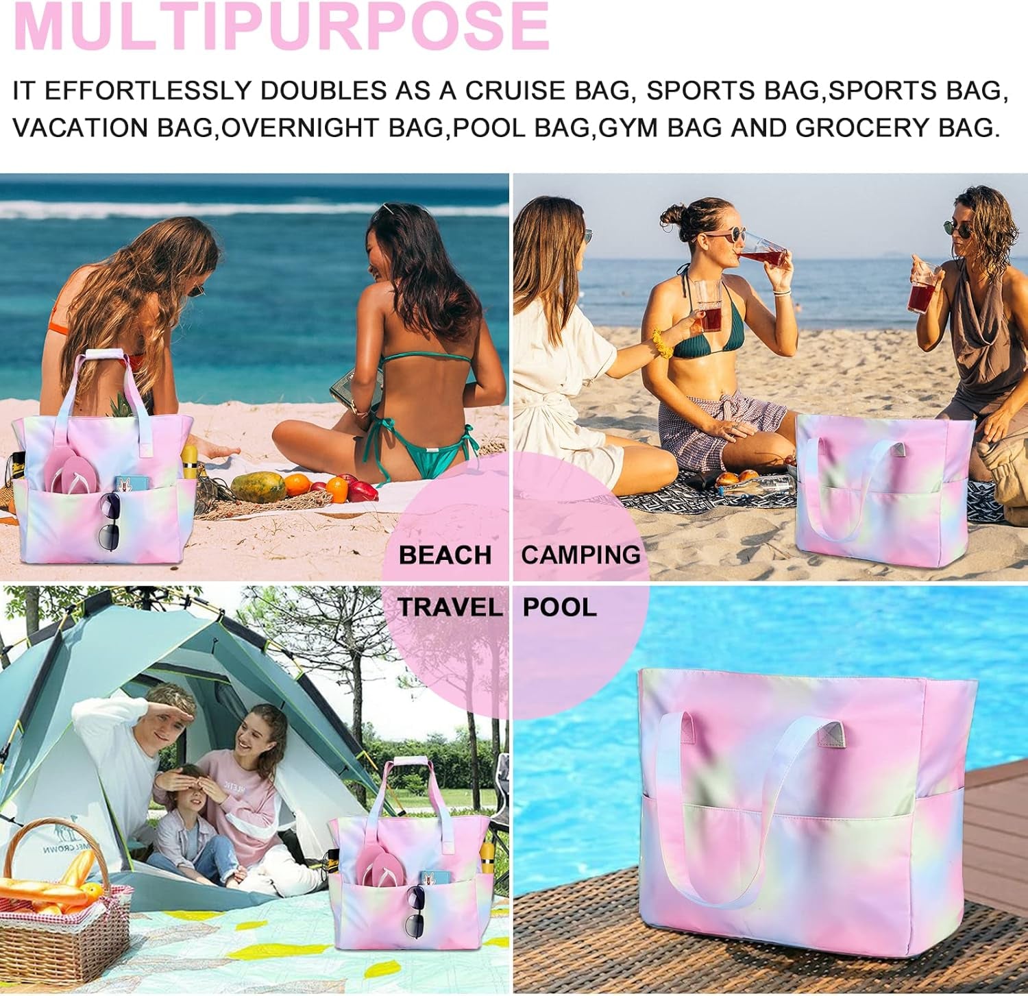 Beach Pool Bags Tote for Women Ladies Large Gym Tote Carry on Bag with Wet Compartment for Weekender Travel Waterproof