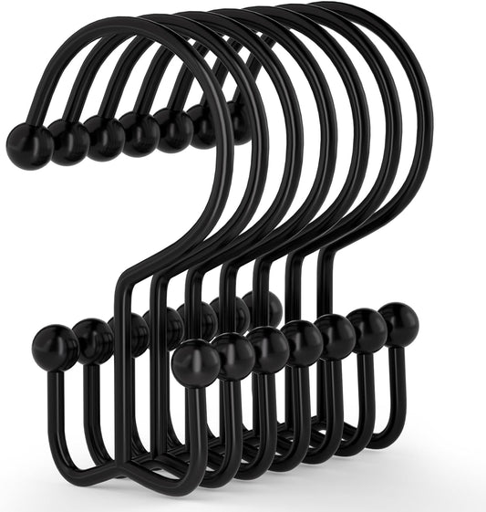 Shower Curtain Hooks, 12 Pcs Shower Curtain Rings, Durable Rust Proof Black Shower Curtain Hooks, Shower Rings for Curtain, Double Glide Shower Hooks for Shower Curtain Rods, Black