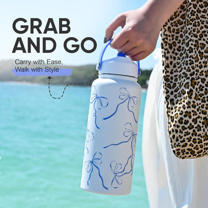 32 Oz Stainless Steel Insulated Water Bottle with Flip Straw and Handle, Leak-Proof, Reusable, Wide Mouth Design for Travel, Gym, and School (Breeze Blue Bow)
