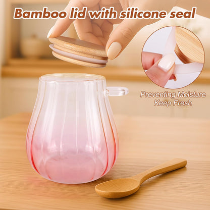 15 Oz Pink Sugar Bowl with Bamboo Lid and Spoon,Pink Kitchen Decor and Accessories,Glass Jar with Airtight Lid, Brown Sugar Keeper, Sugar Container for Coffee Bar and Office