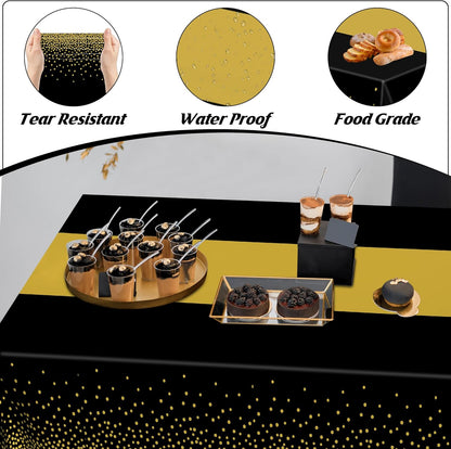 4Pack Black and Gold Tablecloths for Events, 54" X 108" Plastic Table Cloth Disposable for Rectangle Tables, Waterproof Table Cloth Cover for New Years Eve Decorations Holiday Birthday Wedding Dining