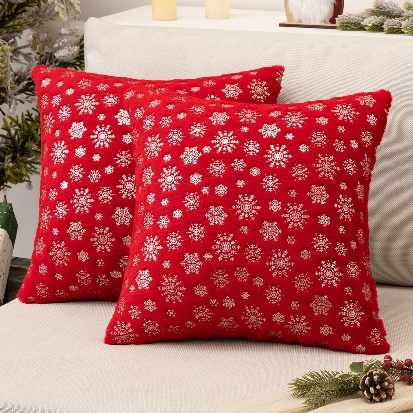 Christmas Red Throw Pillow Covers Set of 2 Snowflakes Decorative Winter Couch Pillowcases 18×18 Inch Soft Plush Faux Fur Farmhouse Home Holiday Festival Decors for Sofa Living Room Bed