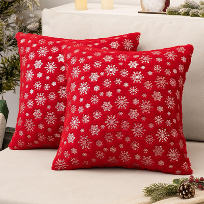 Christmas Red Throw Pillow Covers Set of 2 Snowflakes Decorative Winter Couch Pillowcases 18×18 Inch Soft Plush Faux Fur Farmhouse Home Holiday Festival Decors for Sofa Living Room Bed