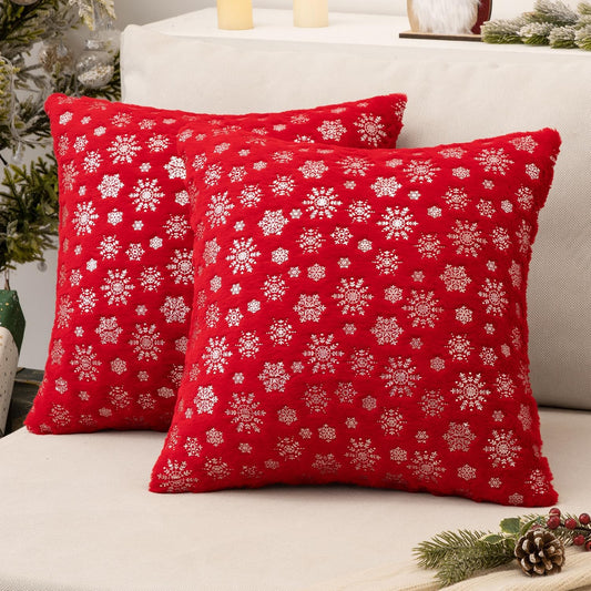 Christmas Red Throw Pillow Covers Set of 2 Snowflakes Decorative Winter Couch Pillowcases 18×18 Inch Soft Plush Faux Fur Farmhouse Home Holiday Festival Decors for Sofa Living Room Bed