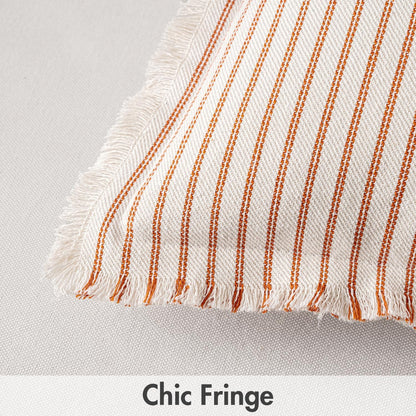 Fall Pack of 2 Rust Pillow Covers 20X20 Inch Striped Farmhouse Couch Throw Pillow Covers with Fringe Chic Linen Decorative Cushion Covers for Sofa Living Room Bed Outdoor Home Decor