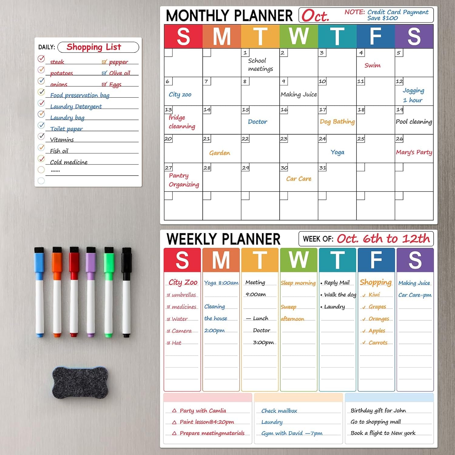 3 Pack Dry Erase Magnetic Calendar for Refrigerator - Monthly & Weekly & Daily Planner Magnet Whiteboard for Fridge Wall - Shopping, Meal/Menu, to Do List, Family Schedule Planning Board (9CO-3RIZH)